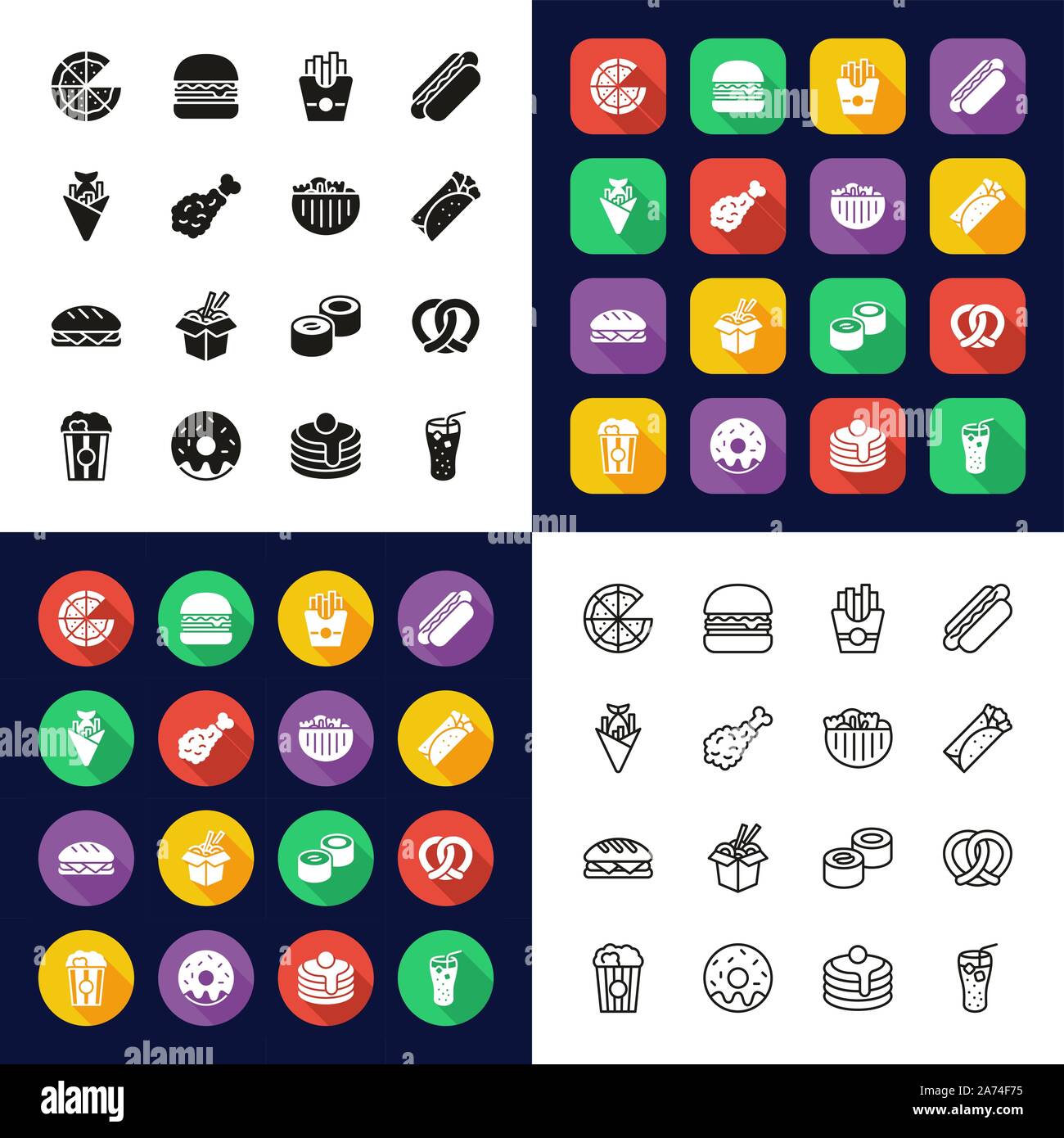 Fast Food Symbole in einem Symbole - Schwarz & White-Color Flachbild Design-Thin Line-Set Stock Vektor