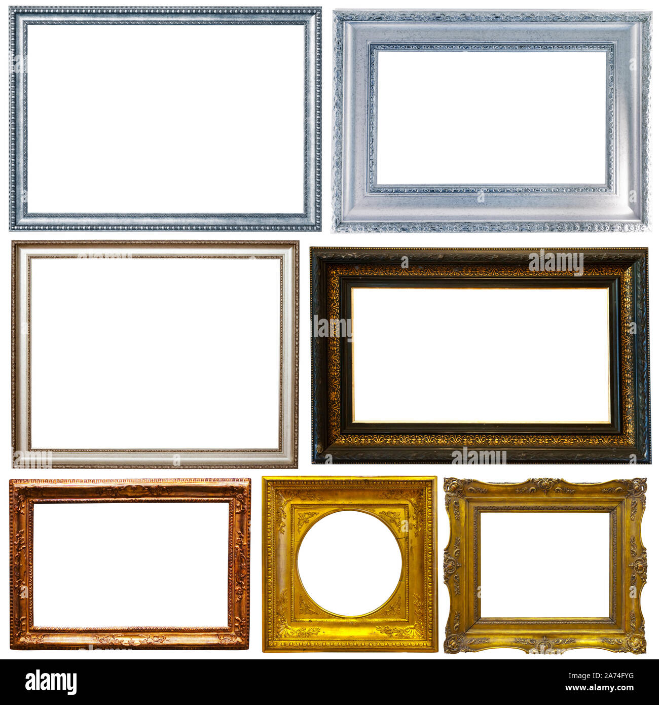 Sammlung von alten leer Kunst Rahmen in verschiedenen Formen isoliert auf weißem Stockfoto