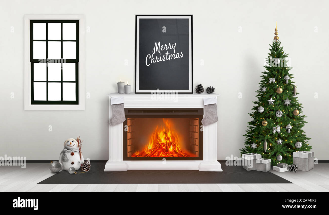 Frohe Weihnachten Poster am Kamin. Geschmückten Weihnachtsbaum neben. Stockfoto Frohe Weihnachten Poster am Kamin. Geschmückten Weihnachtsbaum neben. Stockfoto