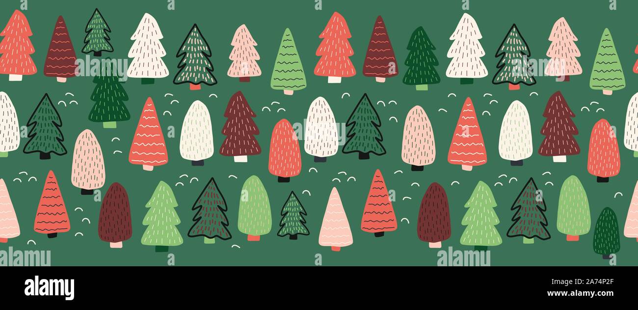 Weihnachtsbäume vektor Grenze. Nahtlose Muster Hand gezeichnet doodle Bäume. Dekorative urlaub Hintergrund. Winterurlaub design Grün Rot Weiß für Stock Vektor