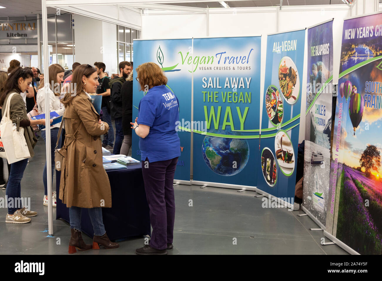 Vegane Reisen Abschaltdruck am VegFest bei Olympia Exhibition Centre, West Kensington, London Stockfoto