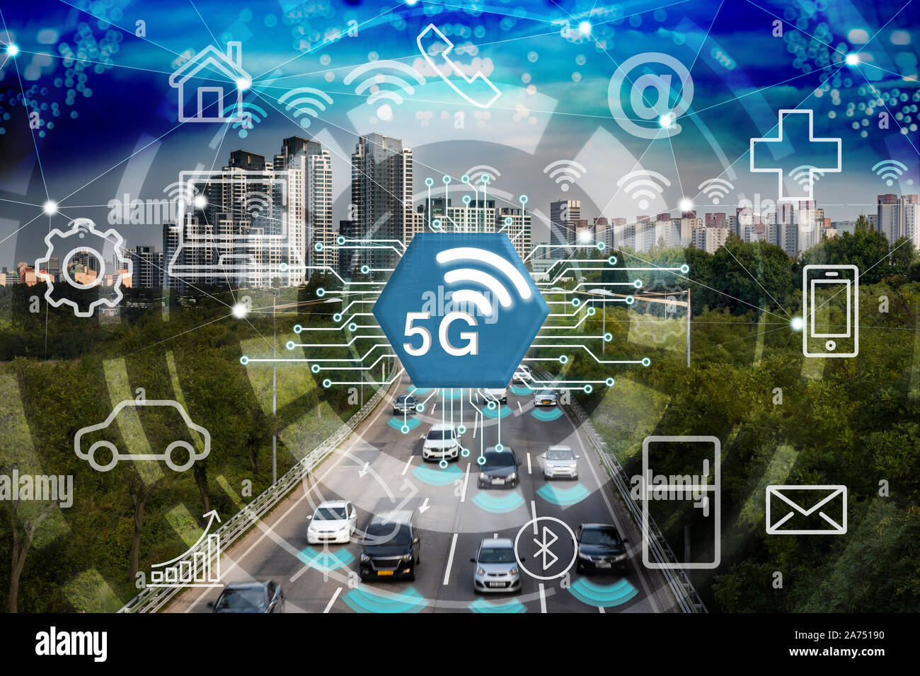 Smart City und 5G-Netzwerk, Wireless Communication Network, abstraktes Bild visuell. Stockfoto