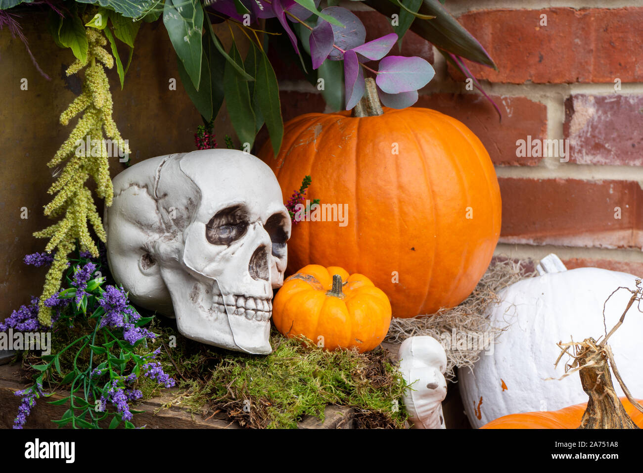 Eine Halloween Display auf einer Veranda mit Kürbissen und Schädel Stockfoto