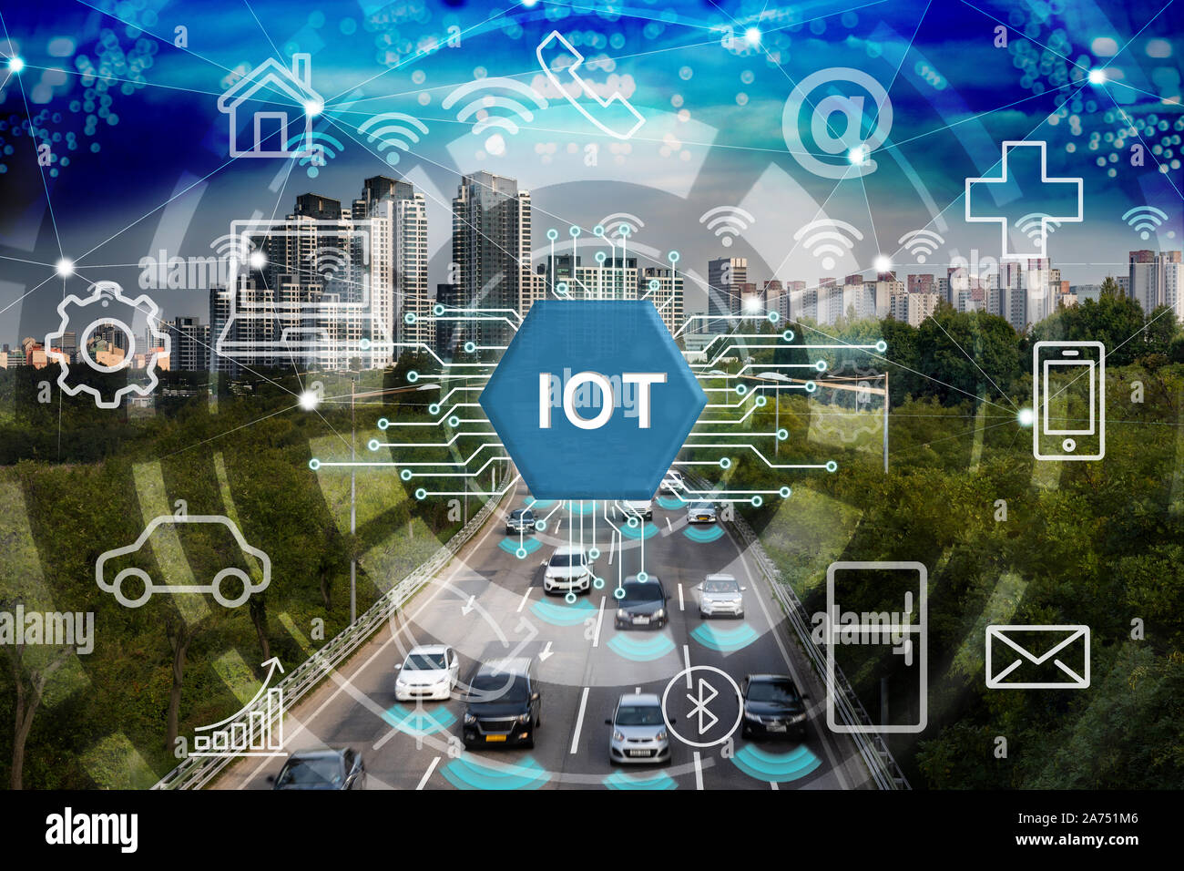 Smart City und Internet der Dinge, wireless communication network, abstraktes Bild visuell. Stockfoto