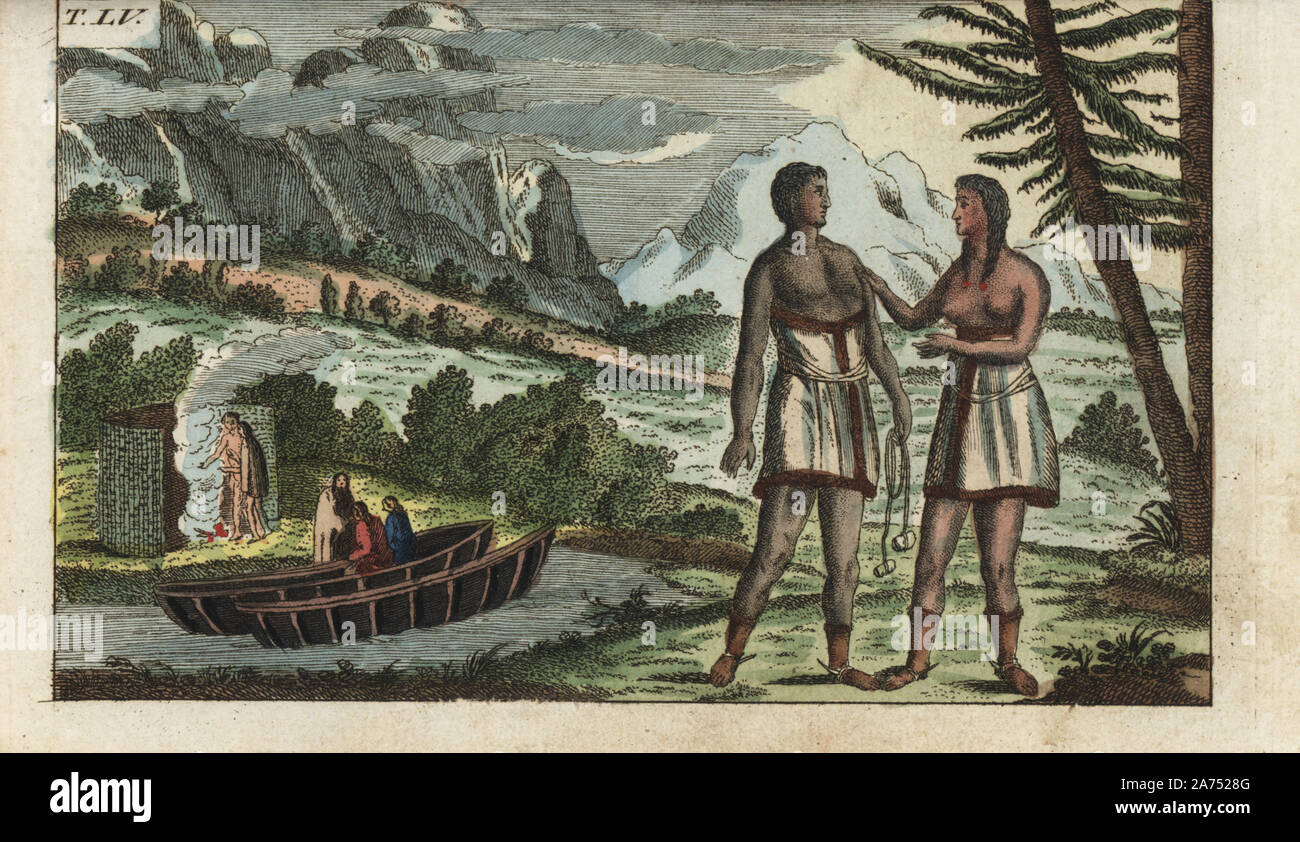 Patagonische Riesen, sowohl Männer als auch Frauen stehen sieben Fuß hoch. Papierkörbe Kupferstich von G. T. Wilhelm 'Lexikon der natürlichen Geschichte: die Menschheit', Augsburg, 1804. Gottlieb Tobias Wilhelm (1758-1811) war ein bayerischer Priester und naturforscher wie der Deutsche Buffon bekannt. Stockfoto