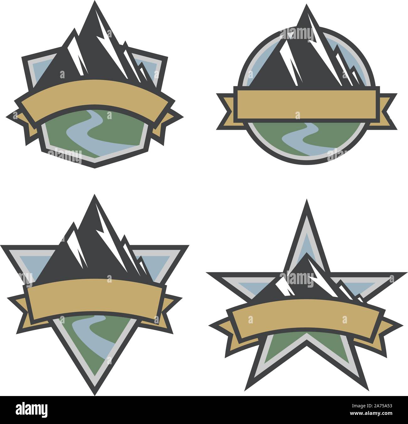 Outdoor Reisen malerische Berg Logo in Schild, Kreis, Dreieck und Star Formen, isolierte Vector Illustration Stock Vektor