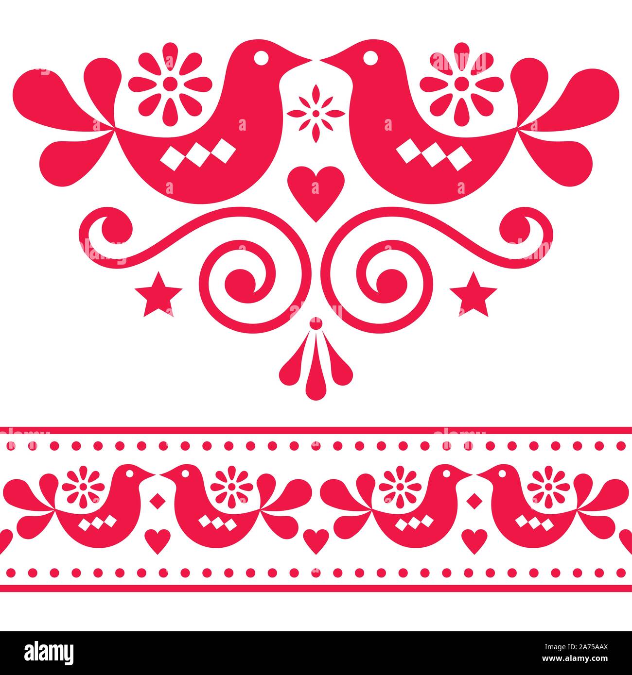 Scandinavian folk vektor design elemente, niedliche Floral Design mit Vögeln in rot auf weißem Hintergrund Stock Vektor