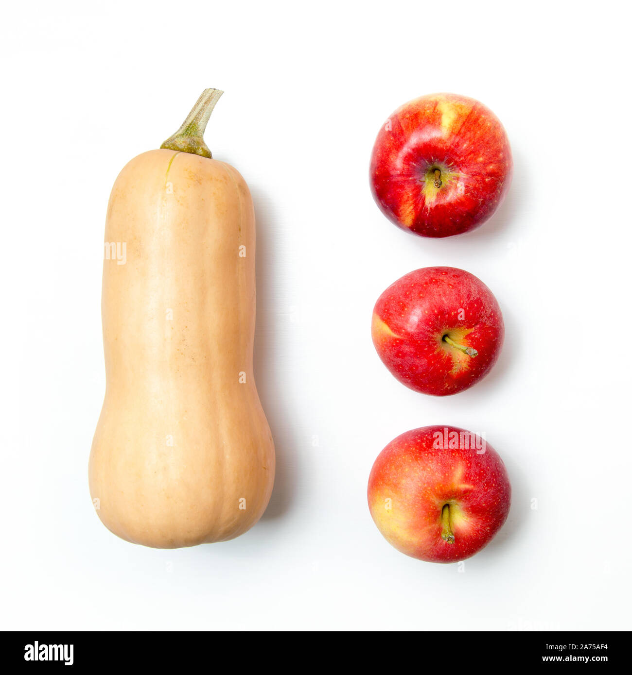 Ein Kürbis und drei Äpfel auf einem weißen Hintergrund. Zutaten für Ernährung Salat oder frisch gepressten Saft. Stockfoto