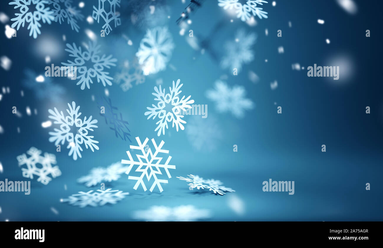 Weich fallende Schneeflocken Nahaufnahme Hintergrund Design. 3D-Darstellung. Stockfoto