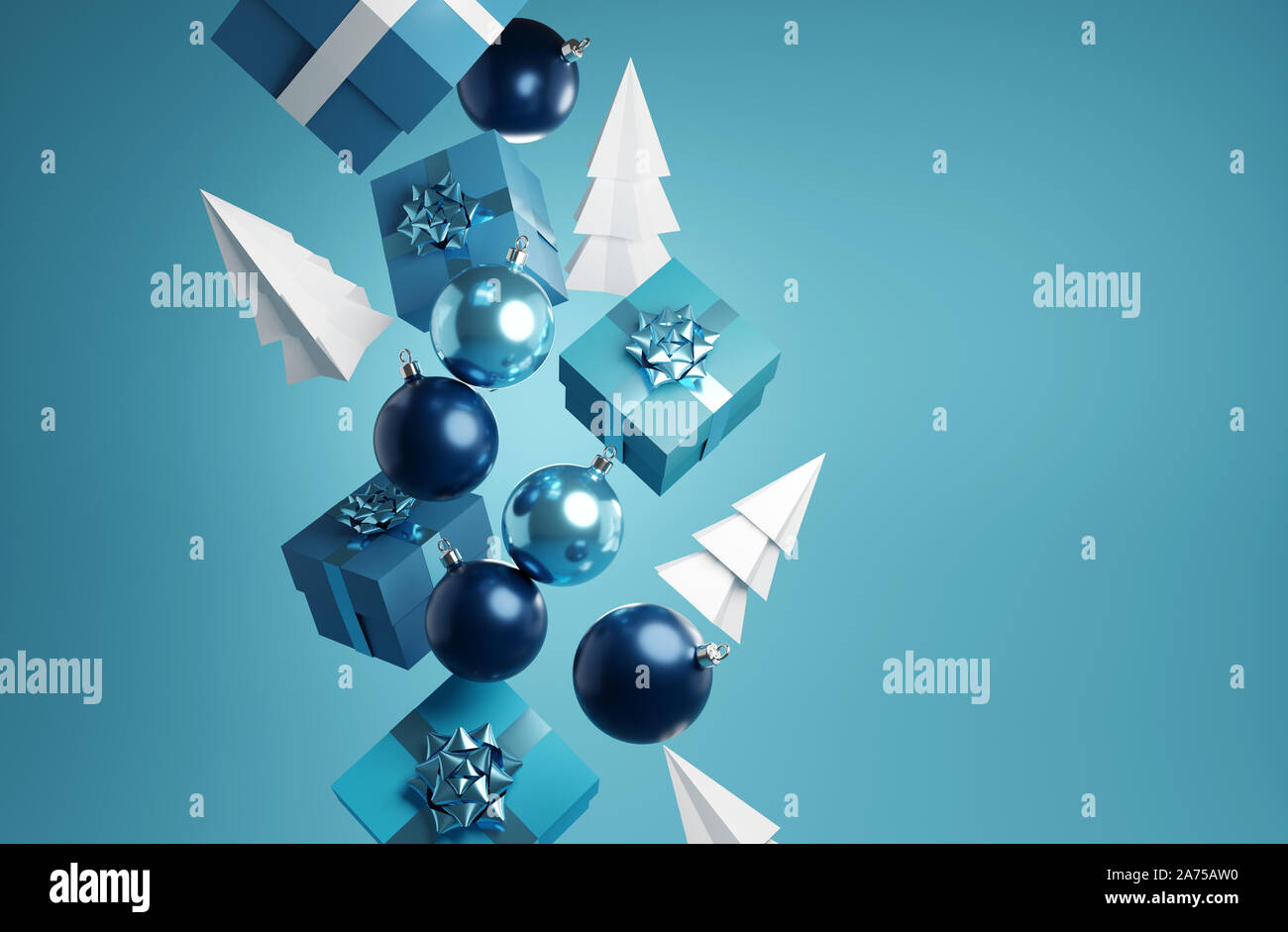 Fallende weihnachten Elemente einschließlich präsentiert, Kugeln und Weihnachten Bäume. Abstrakte festliche 3D-Darstellung Stockfoto