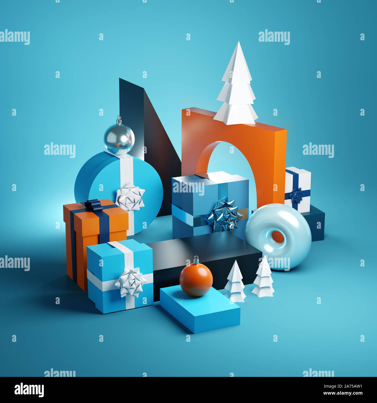 Eine moderne abstrakte zeitgenössische Weihnachten thematische Hintergrund mit Geschenken und Flitter. 3D-Darstellung Stockfoto