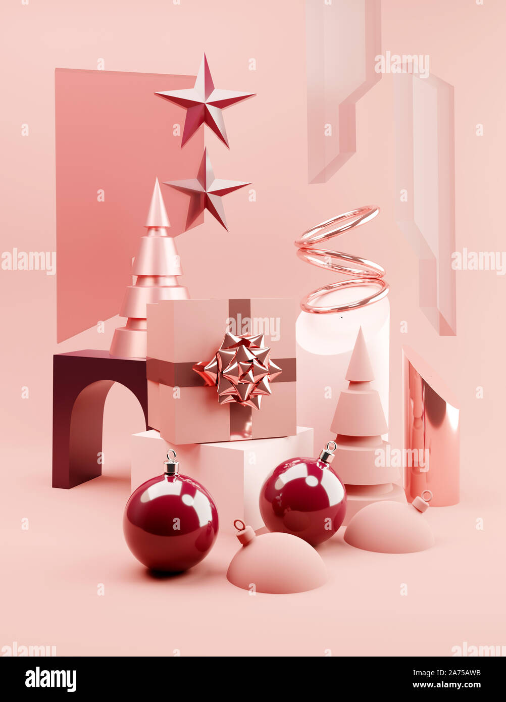 Moderne Weihnachten Hintergrund Layout mit abstrakten Formen, Bäume und präsentiert in Rosa. 3D-Darstellung. Stockfoto