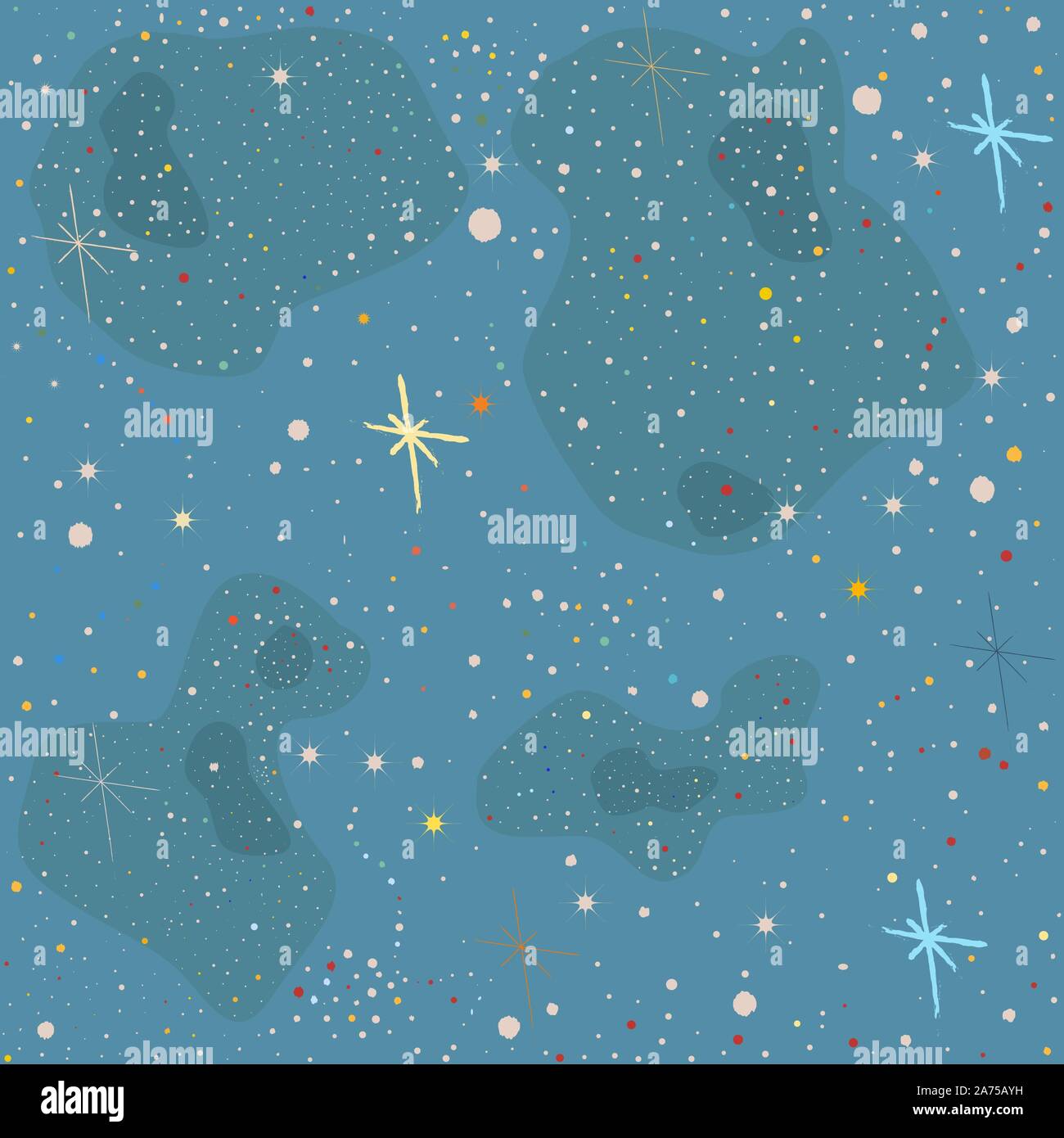 Nahtlose Muster mit Stars und glänzende Sterne auf dem blauen Hintergrund. Kosmischen Hintergrund für Karten, Buchumschläge, Vorlagen, Muster etc. Vector Illu Stock Vektor