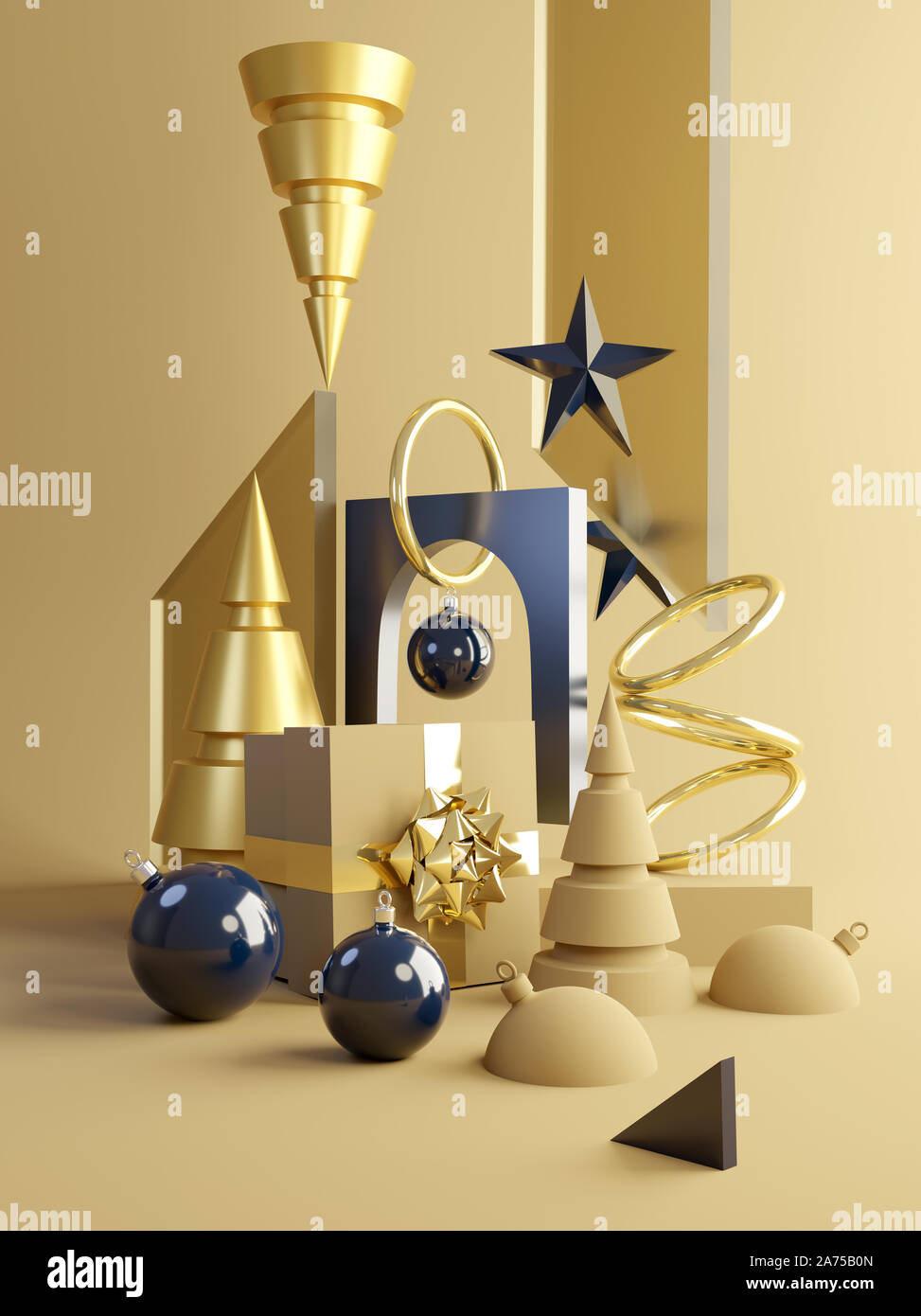 Moderne Weihnachten Hintergrund Layout mit abstrakten Formen, Bäume und präsentiert in Gold. 3D-Darstellung. Stockfoto