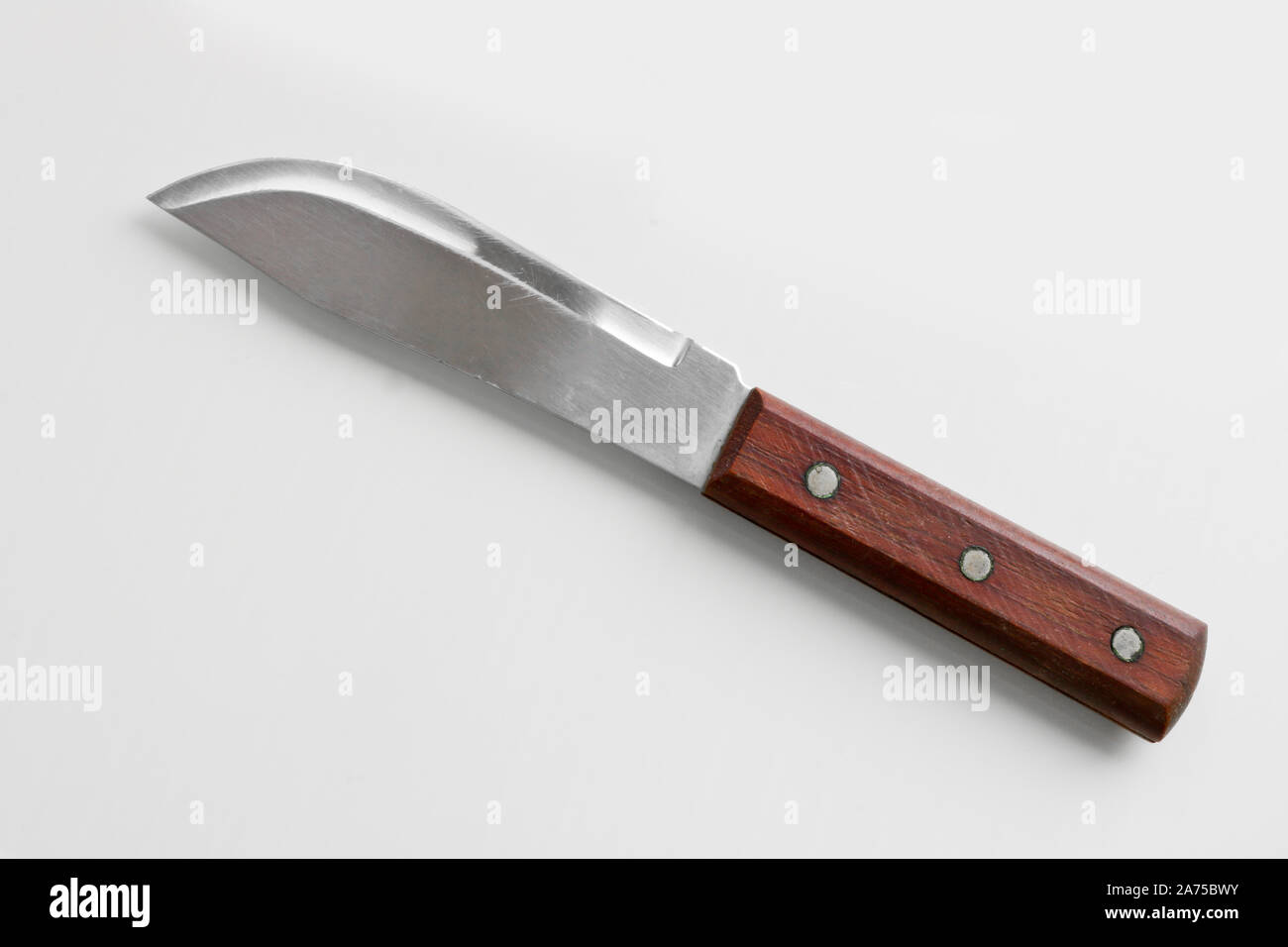 Küchengeräte - ein breites Fleisch Messer mit einem hölzernen auf hellem Hintergrund. Cooking-Werkzeuge. Stockfoto