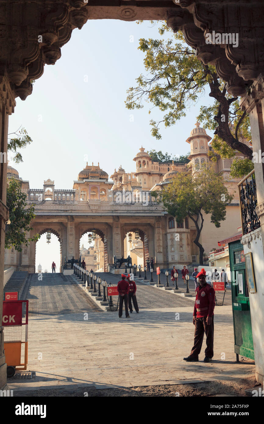 Indien, Rajasthan, Udaipur, Stadt Schlossanlage Stockfoto