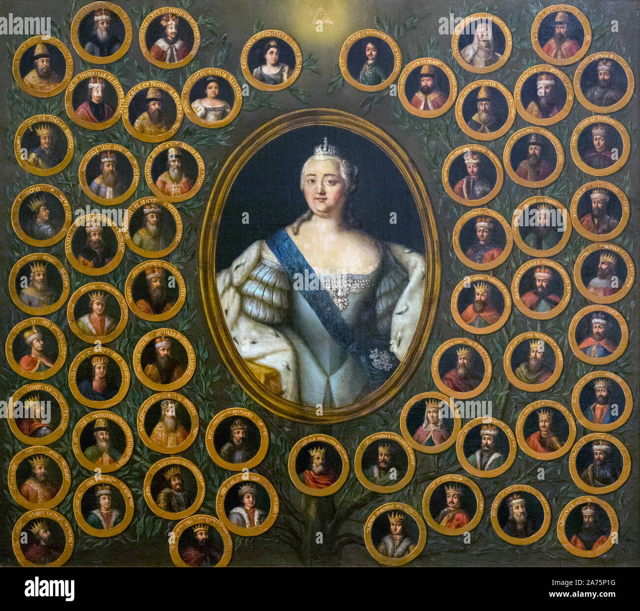 Porträt von Kaiserin Elisabeth petrowna ich in der Mitte des Stammbaums. Nach einer Arbeit von einem unbekannten Künstler. Elisabeth Petrowna, 1709 - 1762. Aussteller Stockfoto