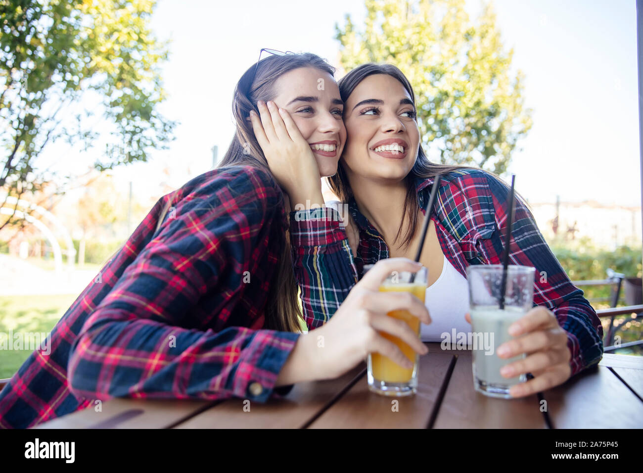 Zwei junge Frauen trinken Saft und Limonade in den Park an einem sonnigen Tag Stockfoto