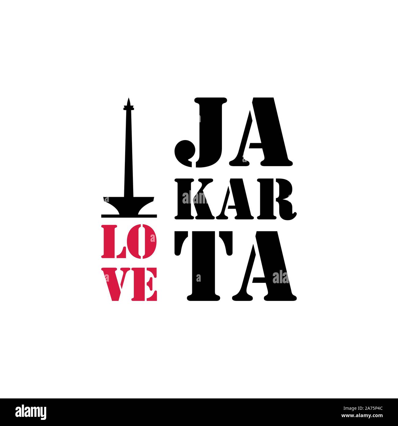 Jakarta Hand gezeichnet Vektor Schriftzug und nationalen Denkmal Turm. Moderne Kalligraphie Pinsel Schriftzug. Jakarta Tinte Schriftzug. Design Element für Karten, Stock Vektor