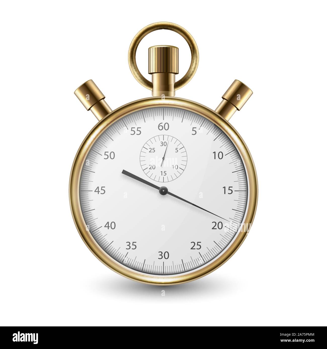 Realistische Metall Golden Klassik Stoppuhr-symbol Closeup isoliert auf weißem Hintergrund. Stoppuhr Design Vorlage. Sports Timer auf Wettbewerbe. Starten Stock Vektor