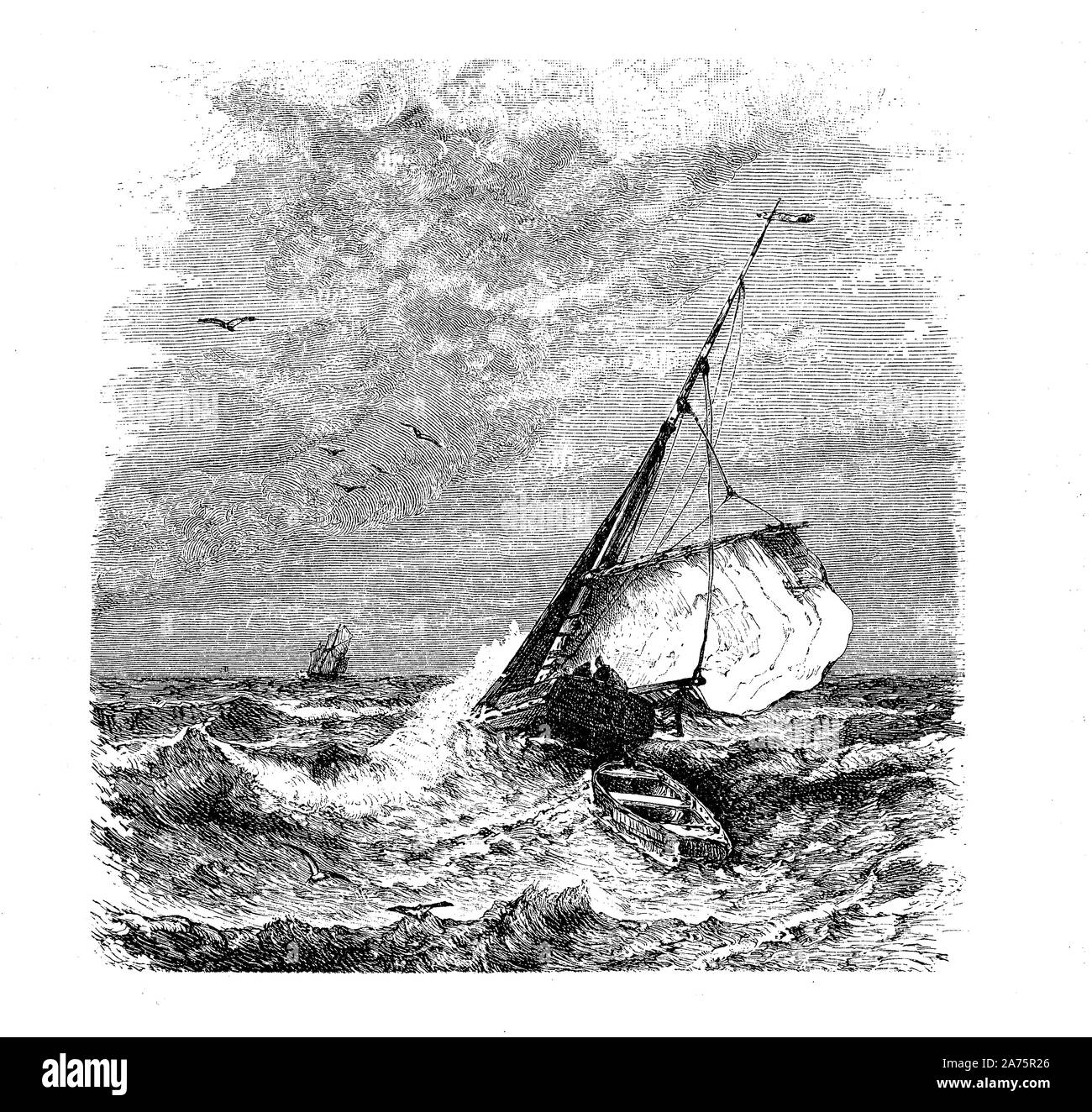 Romantisches Design der Segelboote im Sturm, typografische Ende Kapitel Vignette Stockfoto