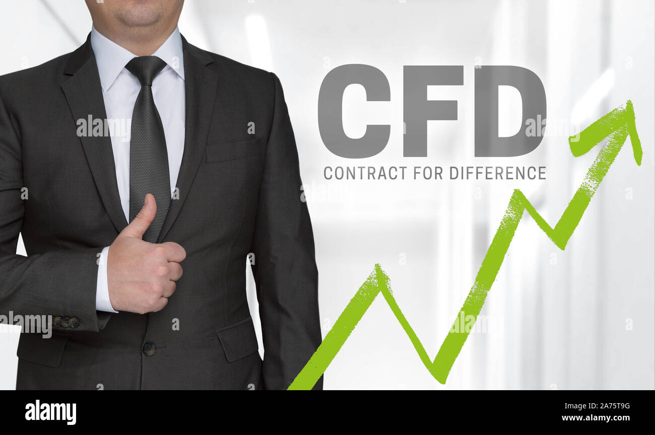 CFD-Konzept und Geschäftsmann mit Daumen nach oben. Stockfoto