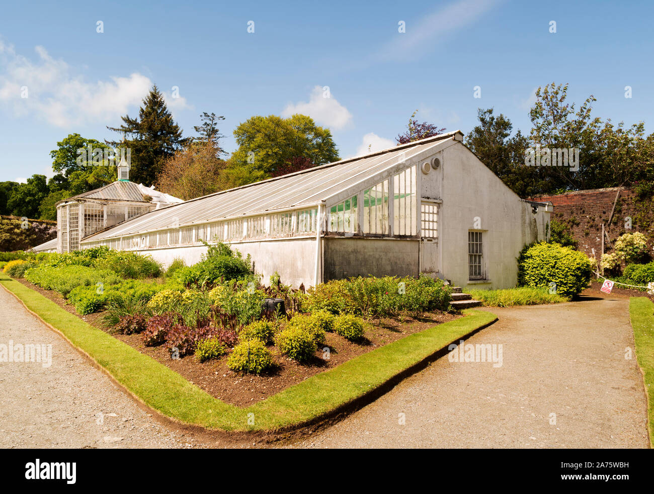 Bild eines alten, aber gepflegten schönen weißen Glasshouse in einem großen Garten. Stockfoto