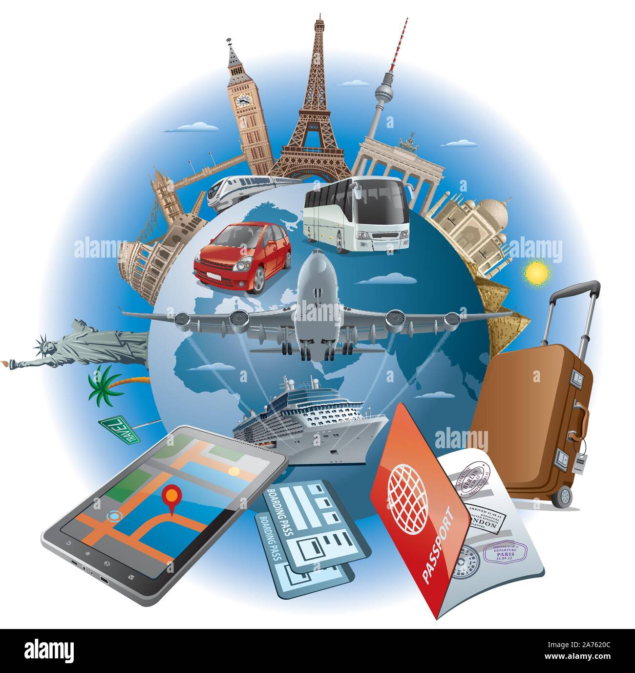 Llustration of concept Reisen rund um die Welt berühmten Wahrzeichen von Transport, Auto, Bahn, Schiff Stock Vektor
