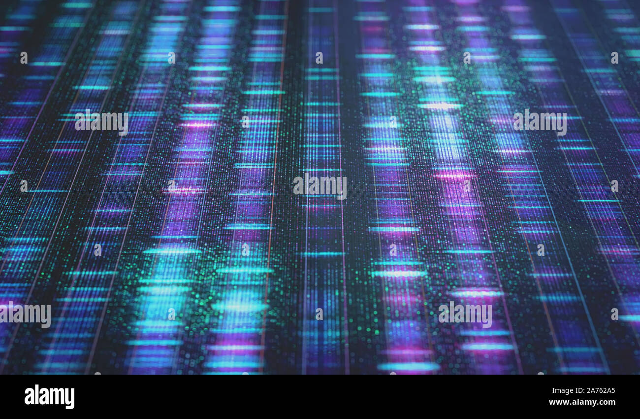 DNA-Code, Sanger Sequenz in binären digitalen Speicher. 3D-Darstellung einer Methode der farbigen DNA-Sequenzierung. Stockfoto