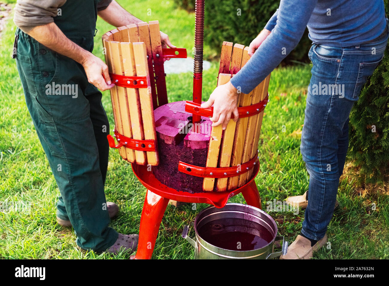 Winzer Wein öffnen Drücken Sie die Maschine mit Rot muss, Stirnrad-, Schraube, die nach Aufnahme Saft aus Traubenmost. Konzept der kleinen Handwerksbetrieb. Weinlese Stockfoto