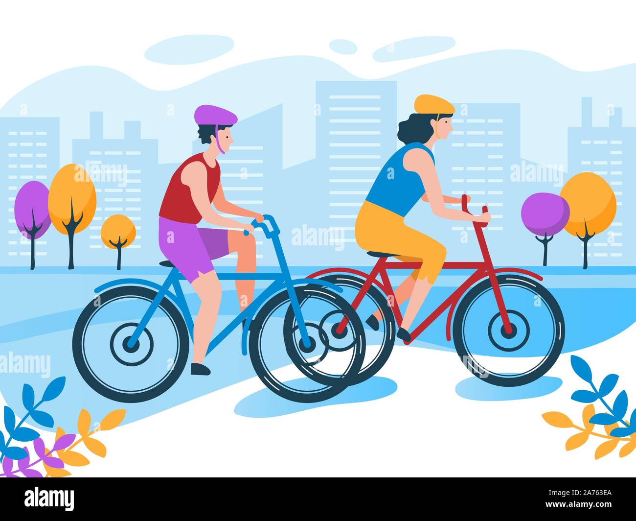 Junge Frau und Mann fahren Sie mit dem Fahrrad in den Park. Flache Vector Illustration Stock Vektor