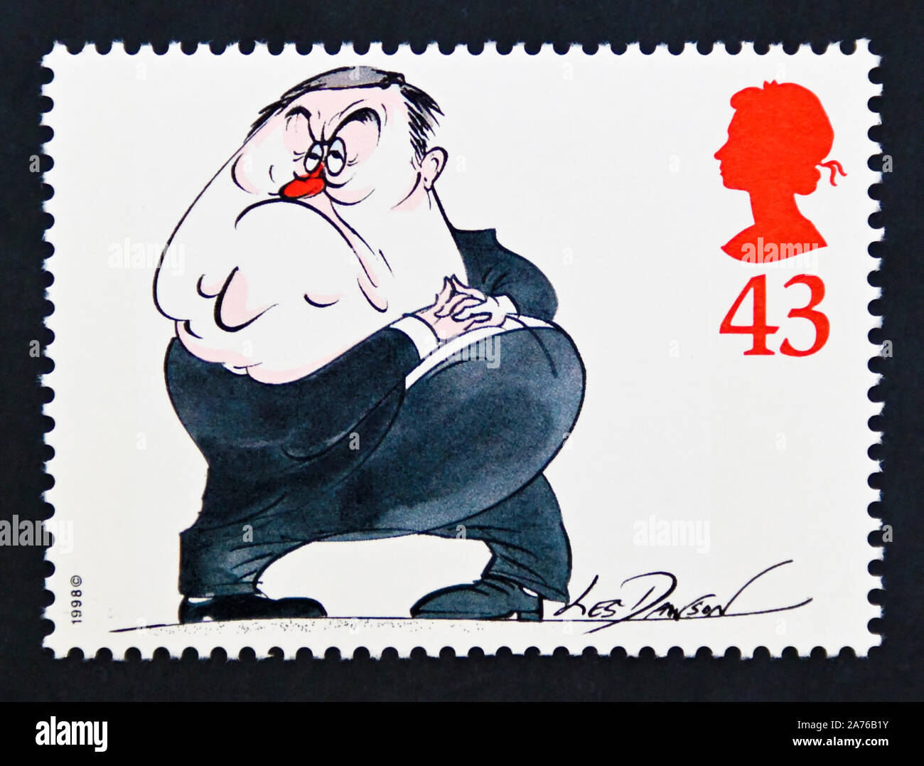 Briefmarke. Großbritannien. Königin Elizabeth II. Comedians. Les Dawson. 43 s. Stockfoto