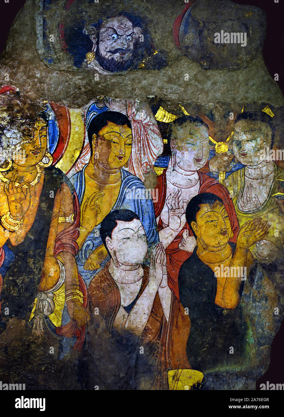 Predigt Szene; Wandmalerei aus dem östlichen Ostturkestan (Xinjiang, China), Ca. 800 AD 9. Jahrhundert Hermitage Museum (eine Predigt Buddha (heute verlorenen) stand einst in der Mitte mit zwei Bodhisattvas und fünf Mönche, (die am weitesten links Avolokitevara neben ihm Manjusri) Stockfoto
