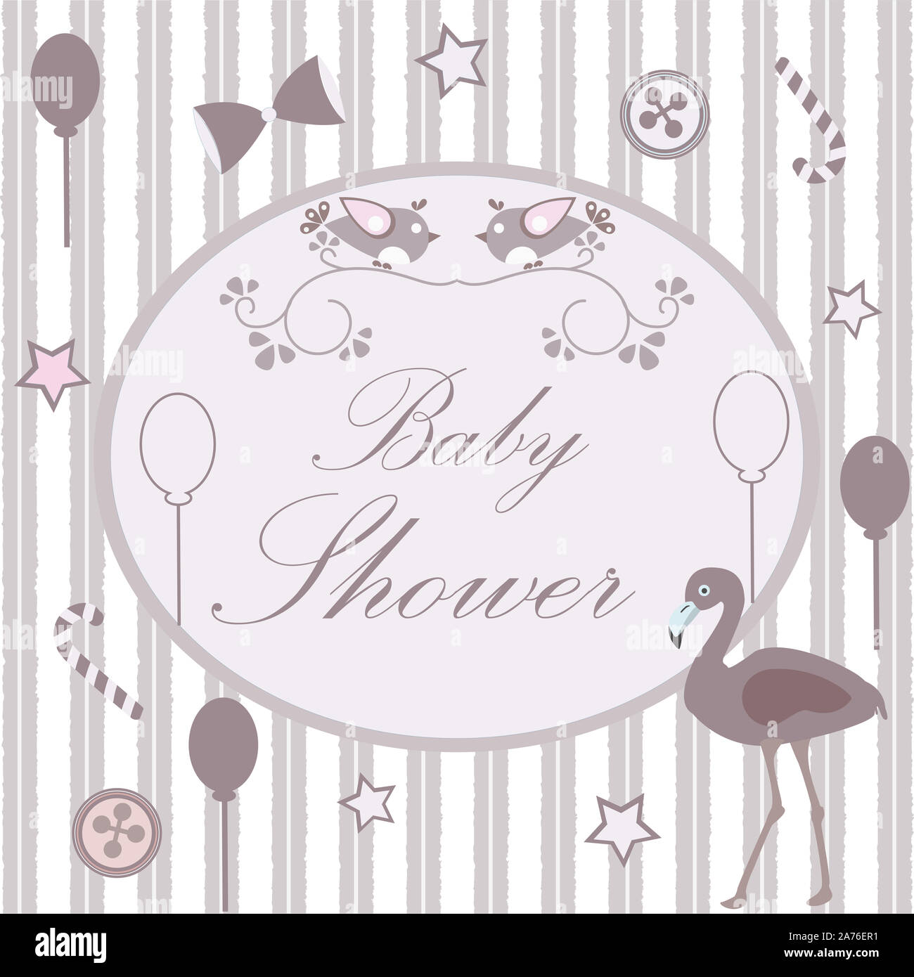 Baby-dusche Einladungskarte Design mit Flamingo, festliche Luftballons, Bonbons, Bug, Knöpfe usw. Baby-dusche-Sammlung. Vector Illustration Stockfoto
