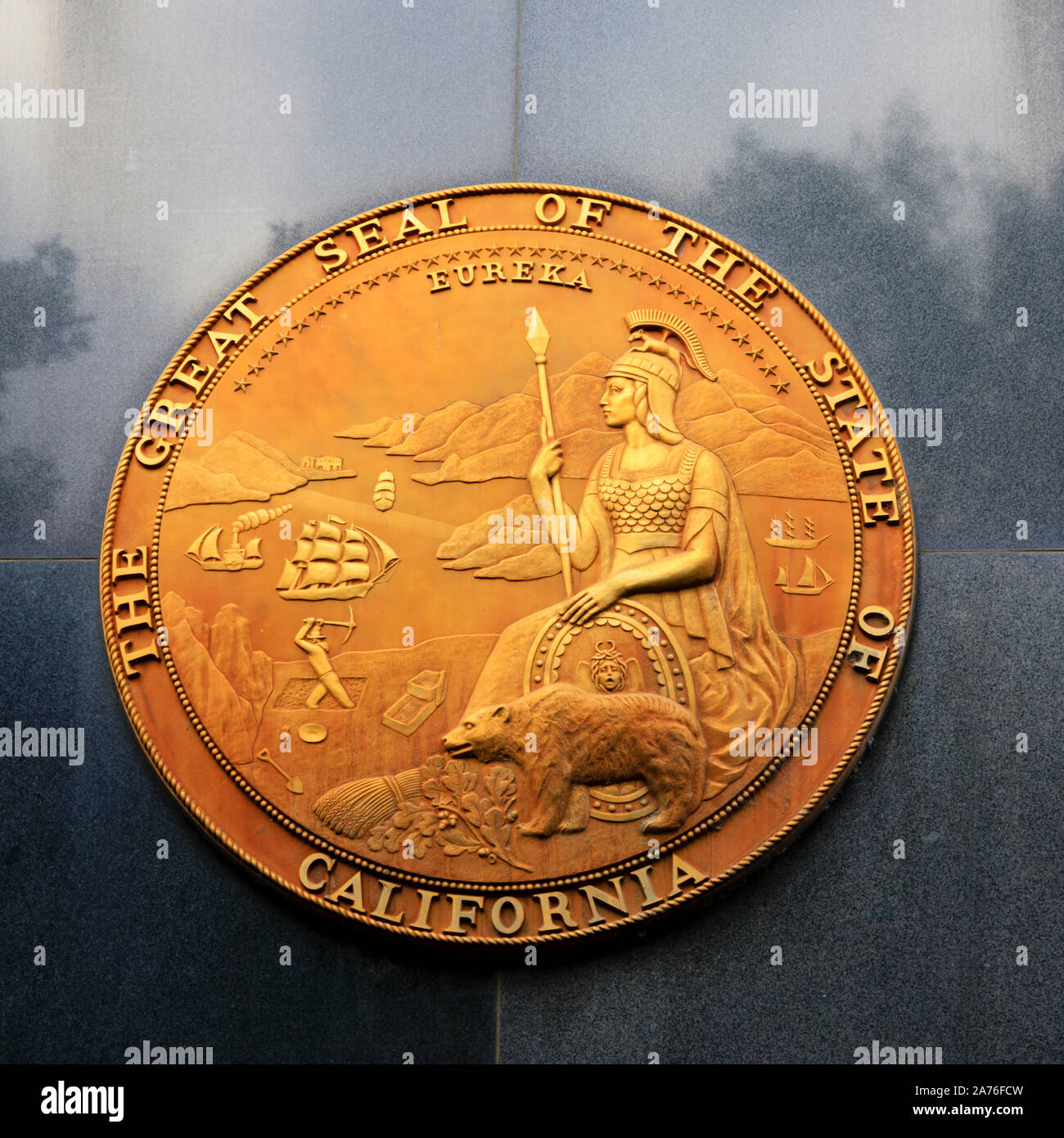 Das große Siegel des Staates Kalifornien auf der Seite der staatlichen Mittel Gebäude 1416 9th Street, Sacramento, Kalifornien, USA Stockfoto