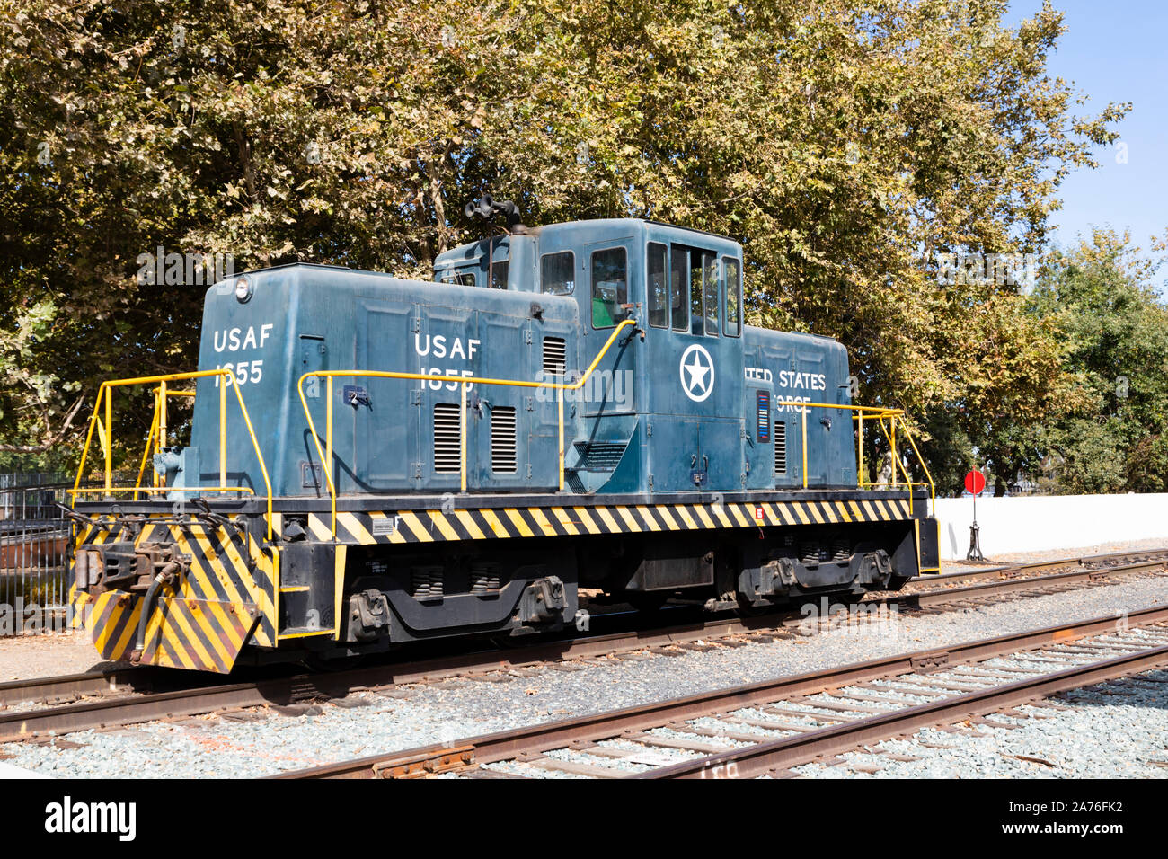 Dienstprogramm Lokomotive ex USAF 1655 an der California State Railroad Museum, Sacramento, die Hauptstadt des Staates Kalifornien, Vereinigte Staaten von Amerika. Stockfoto