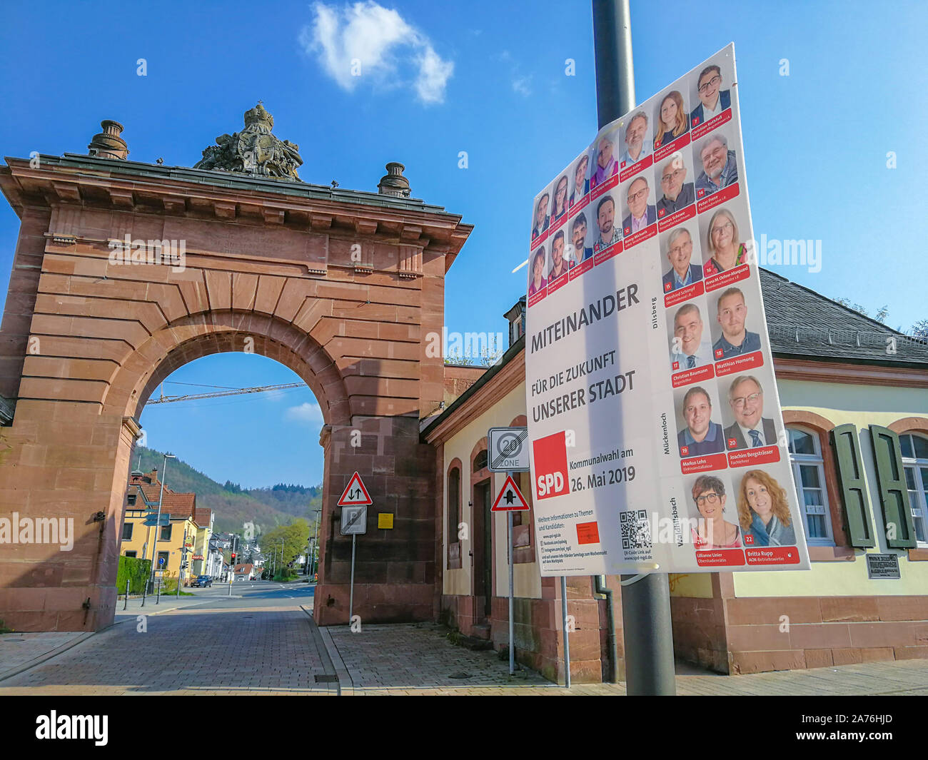 Neckargemünd, Deutschland - 15 April, 2019: Plakat für die bevorstehenden Kommunalwahlen PD der Sozialdemokratischen Partei Deutschlands" Stockfoto