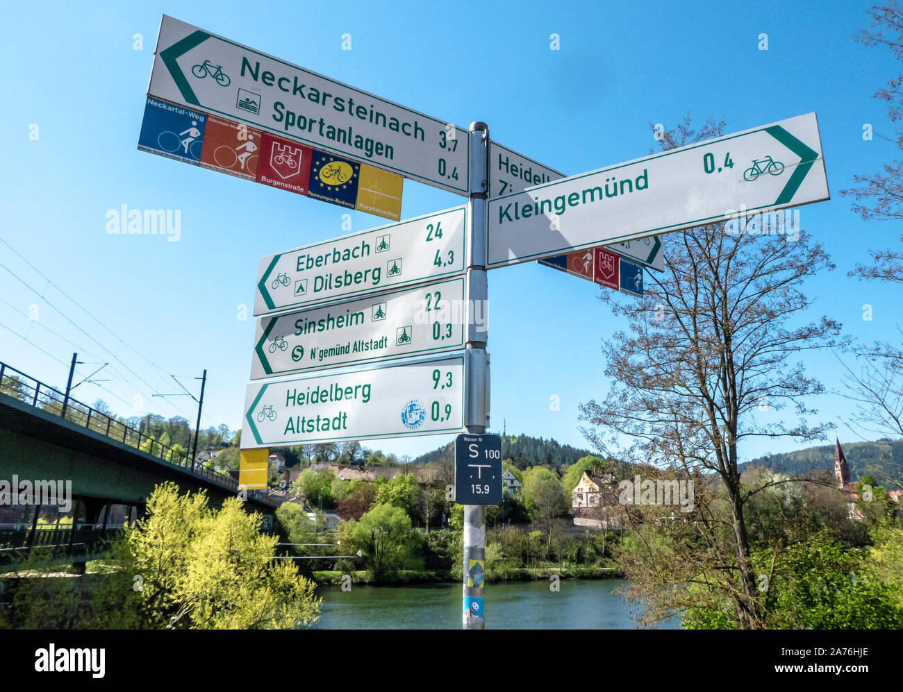 Neckargemünd, Deutschland - 21 April, 2019: touristische Beschilderung Entfernungen zu beliebten Reisezielen für Wanderer und Radfahrer Stockfoto