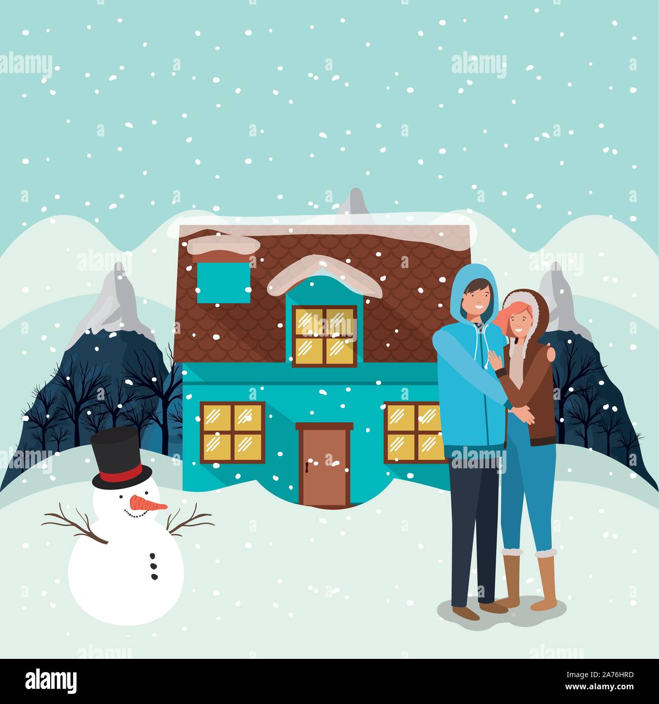 Paar mit Schneemann Weihnachten Feier Stock Vektor