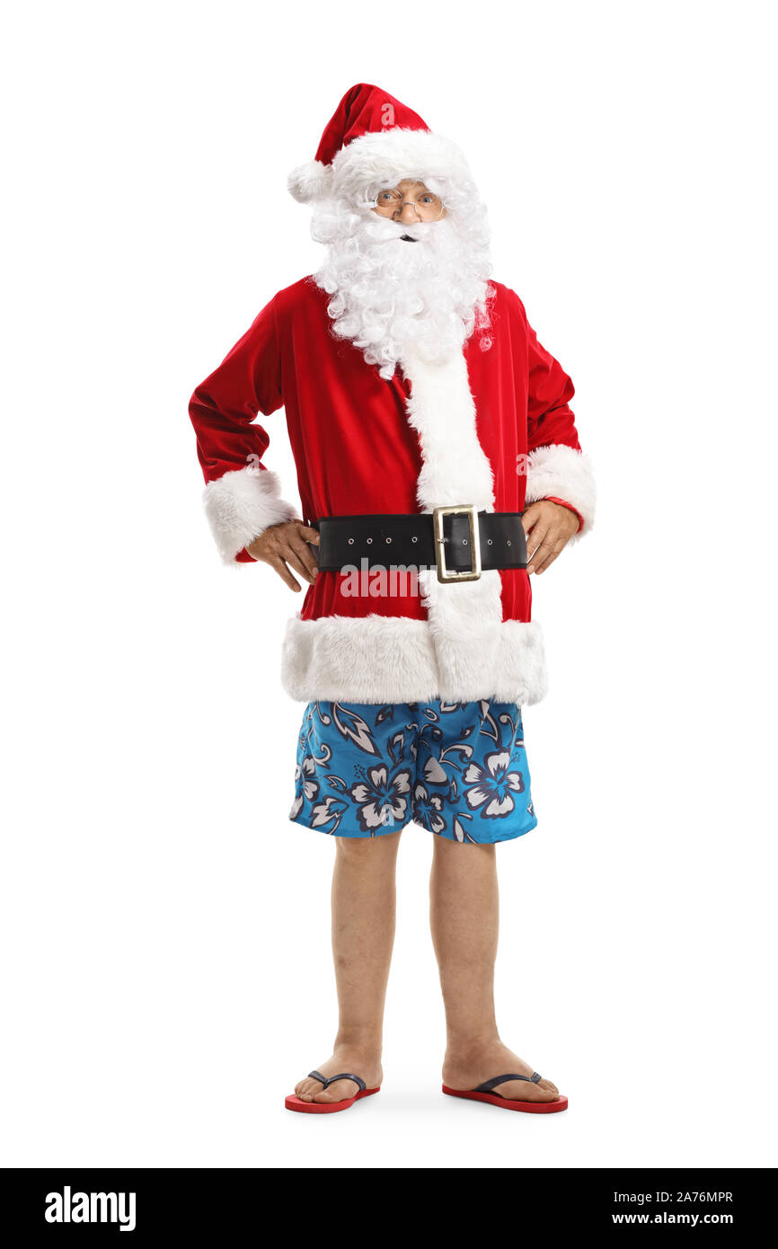 Volle Länge Portrait von Santa Claus im Sommer Shorts und Flip-Flops auf weißem Hintergrund Stockfoto