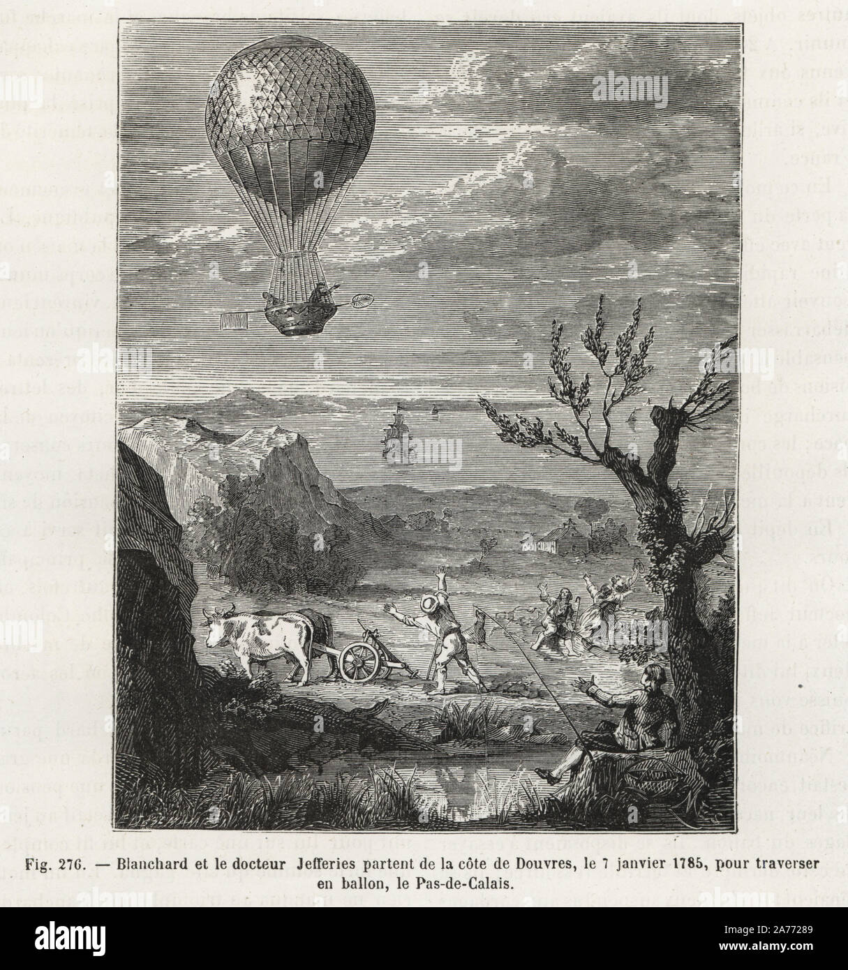 Jean-Pierre Blanchard und der Amerikanischen Dr. John Jeffries auf Ihre Ballonfahrt über den Ärmelkanal von Dover nach Calais, Januar 1785. Holzschnitt Kupferstich von Mes nach E. Deschamps von Louis Figuier's 'Les merveilles de la Science: Aerostats" (Wunder der Wissenschaft: Luftballons), Furne, Jouvet et Cie, Paris, 1868. Stockfoto