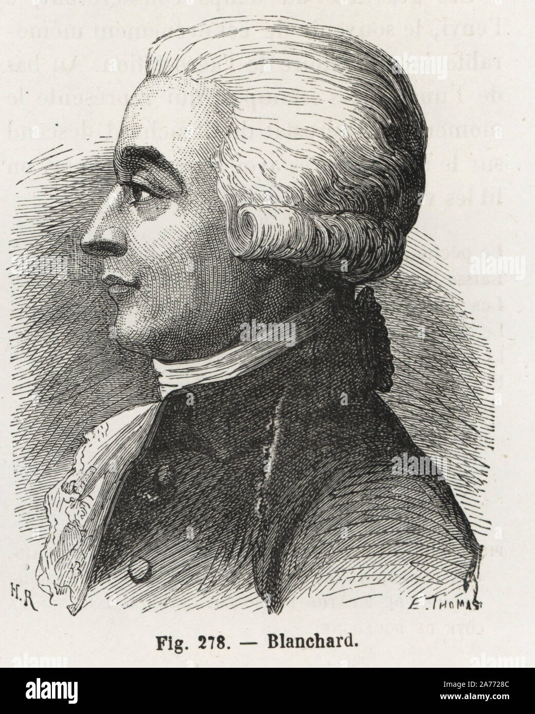Jean-Pierre Blanchard, Französisch ballon Pionier. Holzschnitt Kupferstich von H. Rousseau nach E.Thomas von Louis Figuier's 'Les merveilles de la Science: Aerostats" (Wunder der Wissenschaft: Luftballons), Furne, Jouvet et Cie, Paris, 1868. Stockfoto