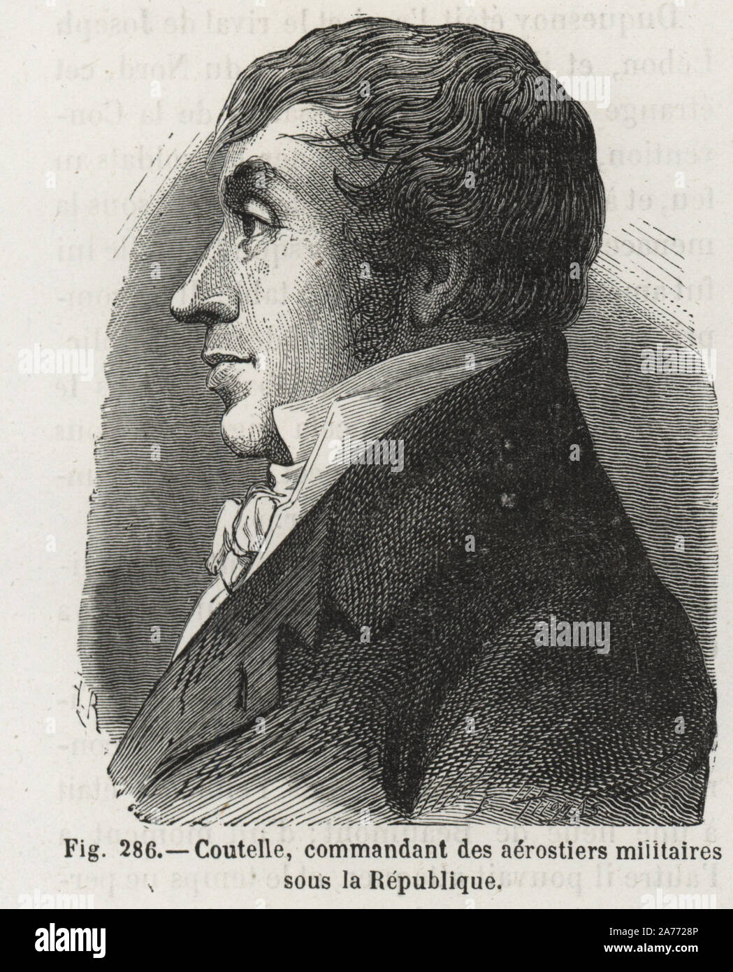 Oberst Jean Marie-Joseph Coutelle, Kommandant der Firma Aeronauts der französischen Revolutionäre Armee. Holzschnitt Kupferstich von H. Rousseau nach E.Thomas von Louis Figuier's 'Les merveilles de la Science: Aerostats" (Wunder der Wissenschaft: Luftballons), Furne, Jouvet et Cie, Paris, 1868. Stockfoto