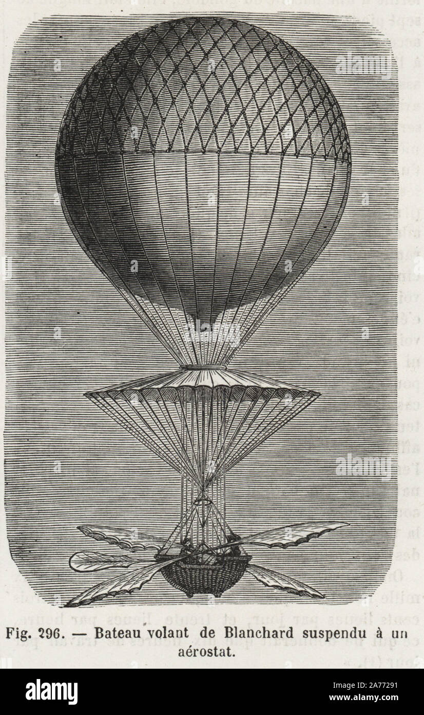 Jean-Pierre Blanchard's Ballon mit Flugboot, Flügel und Ruder. Holzschnitt Kupferstich von Louis Figuier's 'Les merveilles de la Science: Aerostats" (Wunder der Wissenschaft: Luftballons), Furne, Jouvet et Cie, Paris, 1868. Stockfoto