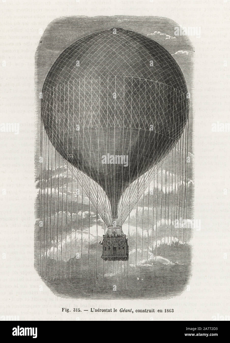 Der Riese (Le Geant) Ballon, 1863 gebaut für Felix Nadar. Holzschnitt Kupferstich von Louis Figuier's 'Les merveilles de la Science: Aerostats" (Wunder der Wissenschaft: Luftballons), Furne, Jouvet et Cie, Paris, 1868. Stockfoto