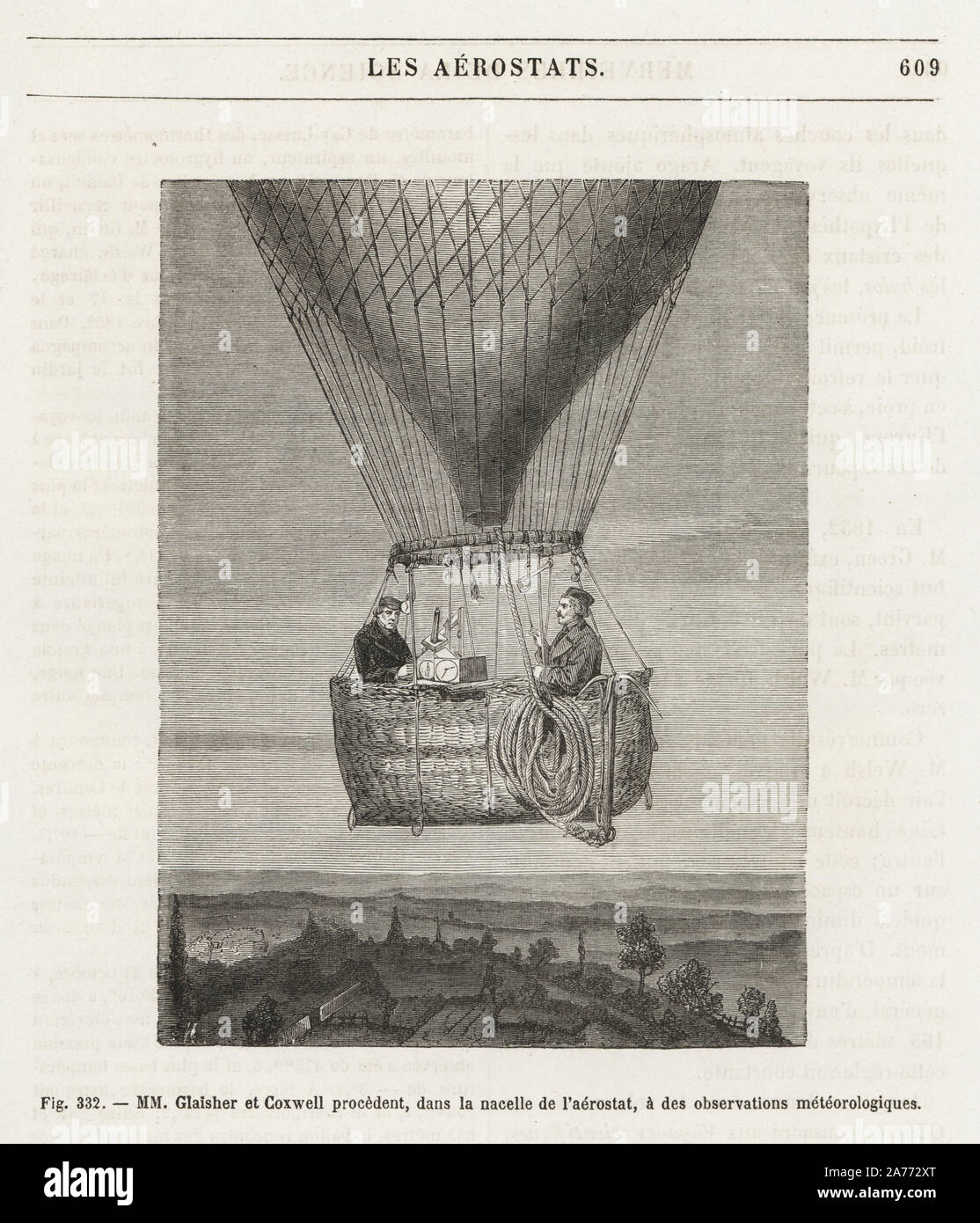 James Glaisher und Henry Tracey Coxwell Durchführung der meteorologischen Beobachtungen in der Gondel (Gondel) Ihrer Ballon. Holzschnitt Kupferstich von M. aus Louis Figuier's 'Les merveilles de la Science: Aerostats" (Wunder der Wissenschaft: Luftballons), Furne, Jouvet et Cie, Paris, 1868. Stockfoto