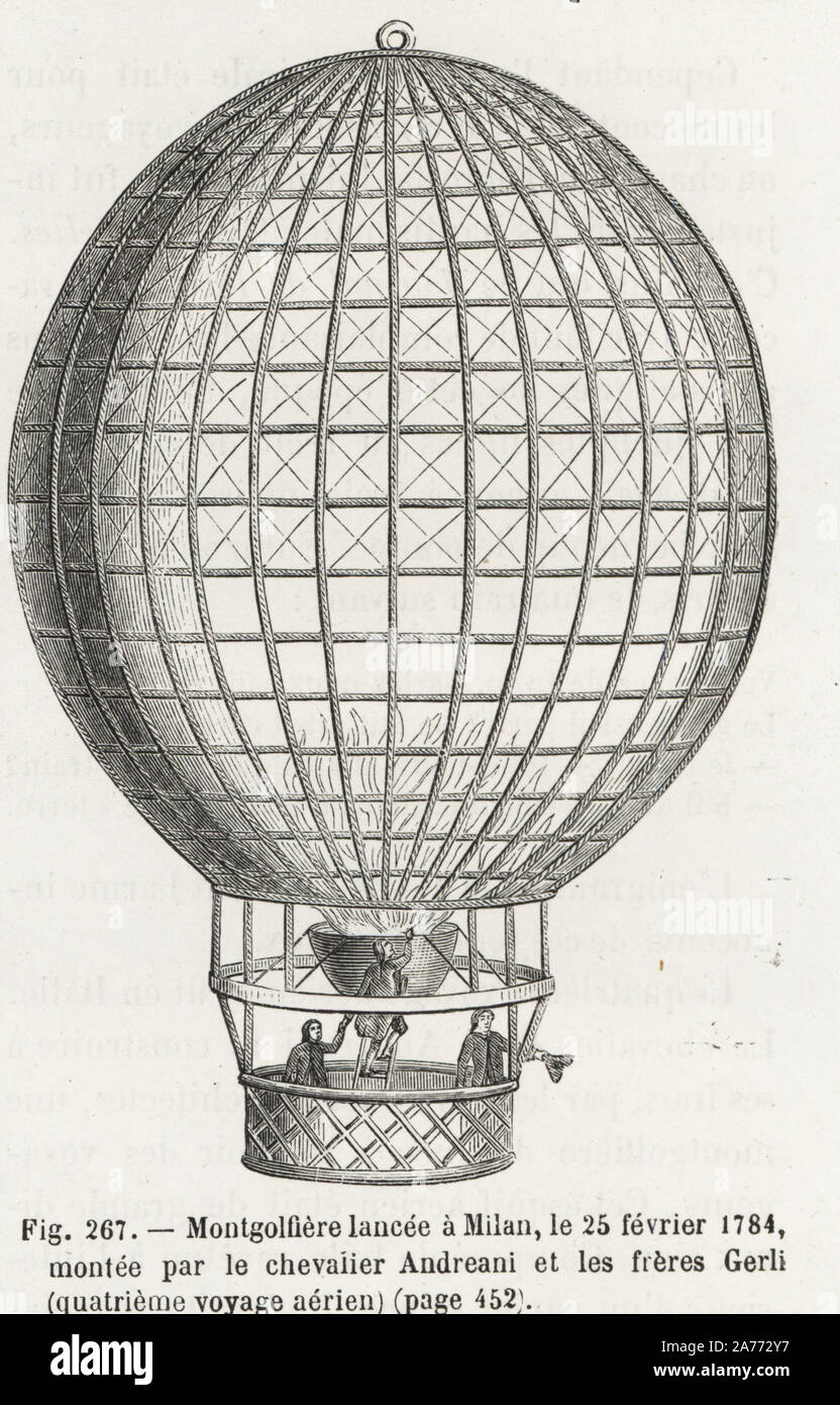 Vierte Reise in einem Montgolfier Ballon, in Mailand, 1784, besetzt durch Count Paulo Andreani und die gerli Brüder, Agostino und Carlo. Holzschnitt Kupferstich von Louis Figuier's 'Les merveilles de la Science: Aerostats" (Wunder der Wissenschaft: Luftballons), Furne, Jouvet et Cie, Paris, 1868. Stockfoto