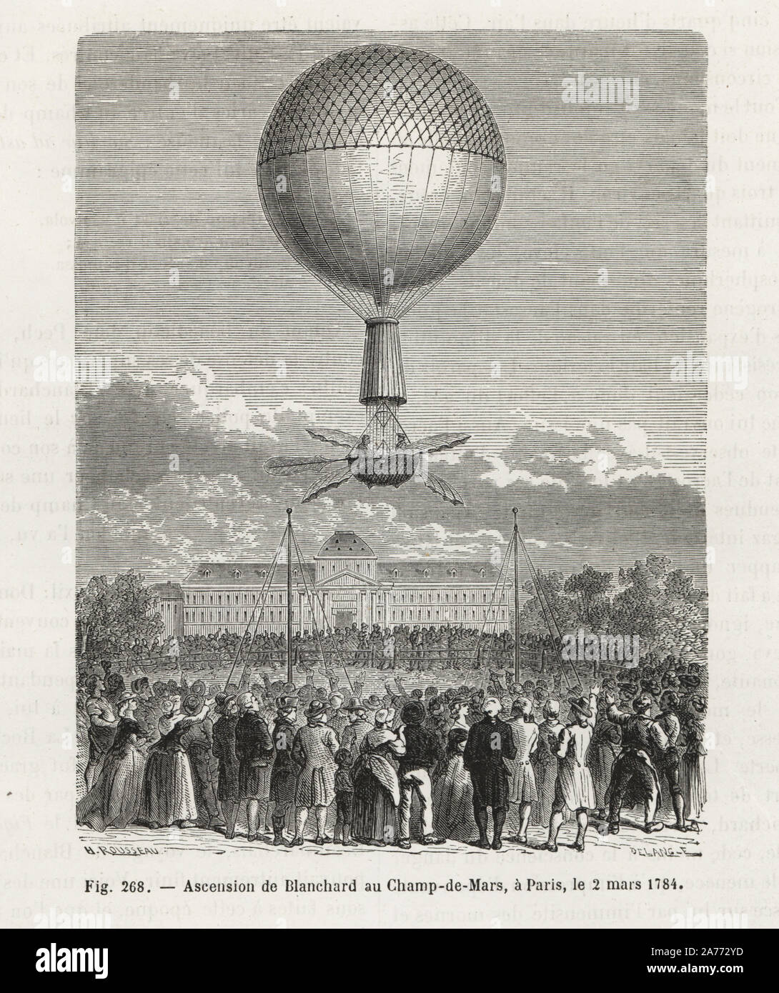 Jean-Pierre Blanchard's Ballon aufstieg von der Champ-de-Mars, Paris, 1784. Holzschnitt Kupferstich von H. Rousseau nach delang von Louis Figuier's 'Les merveilles de la Science: Aerostats" (Wunder der Wissenschaft: Luftballons), Furne, Jouvet et Cie, Paris, 1868. Stockfoto