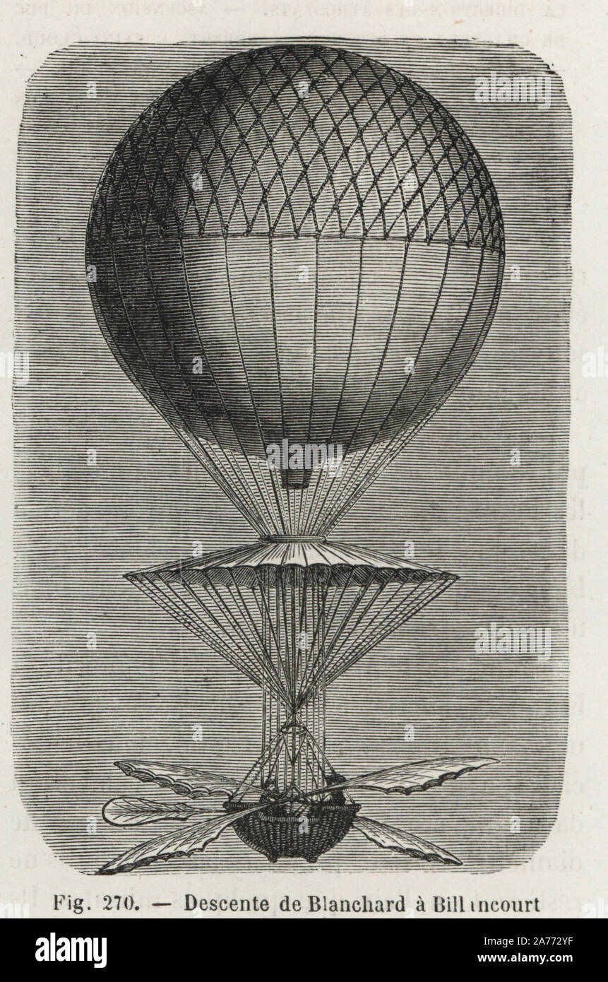 Jean-Pierre Blanchard's Ballon Abstieg in Billancourt, 1784. Holzschnitt Kupferstich von Louis Figuier's 'Les merveilles de la Science: Aerostats" (Wunder der Wissenschaft: Luftballons), Furne, Jouvet et Cie, Paris, 1868. Stockfoto