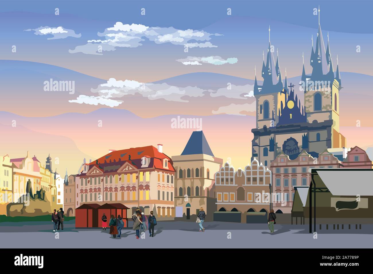 Bunte Vektor-zeichnung Abbildung. Stadtbild der Altstadt und die Teynkirche. Wahrzeichen von Prag, tschechische Republik. Vector Illustration von Landmar Stock Vektor